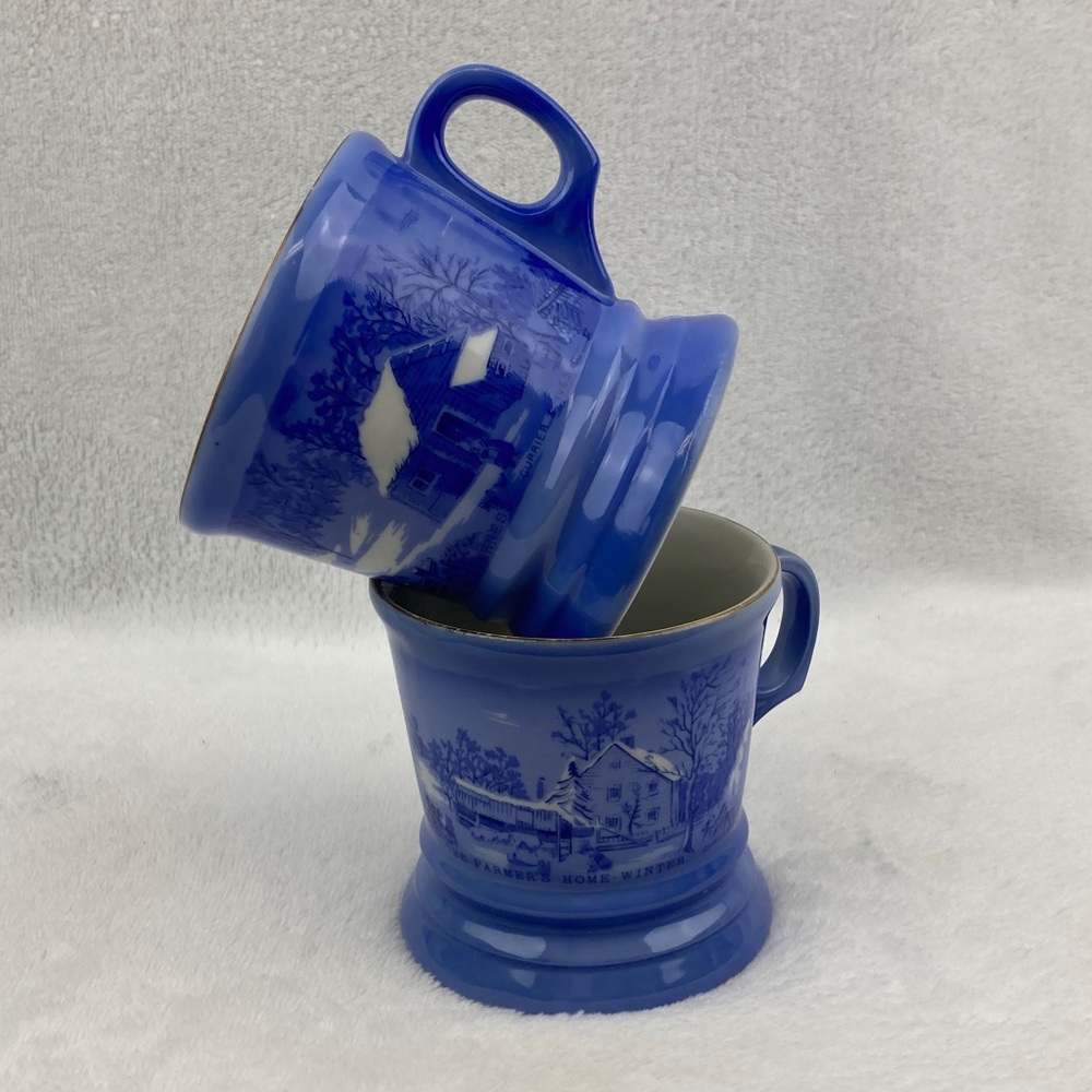 VTG Currier & Ives Cobalt Blue Winter Farmhouse Coffee Mugs Set of 2